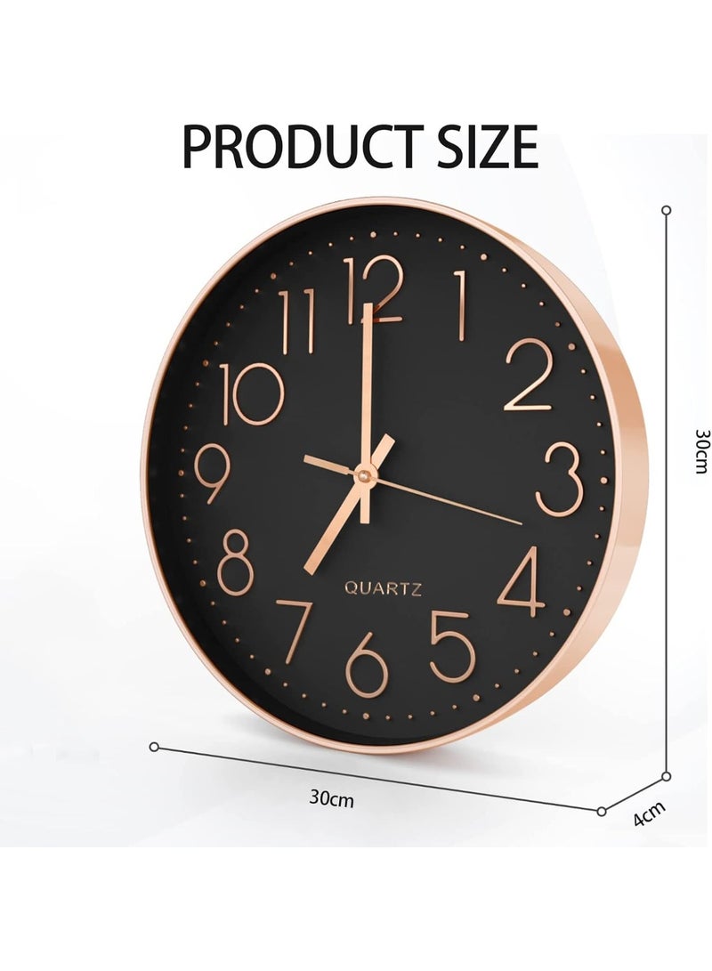 هوم كير ساعة حائط، ساعة كوارتز صامتة غير متقطعة تعمل بالبطارية، دائرية سهلة القراءة، ساعة حائط صامتة لغرفة النوم، غرفة المعيشة، المطبخ، المكتب، المدرسة، ديكور المنزل (أسود-ذهبي) - Image 5