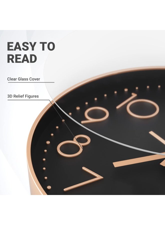 هوم كير ساعة حائط، ساعة كوارتز صامتة غير متقطعة تعمل بالبطارية، دائرية سهلة القراءة، ساعة حائط صامتة لغرفة النوم، غرفة المعيشة، المطبخ، المكتب، المدرسة، ديكور المنزل (أسود-ذهبي) - Image 3