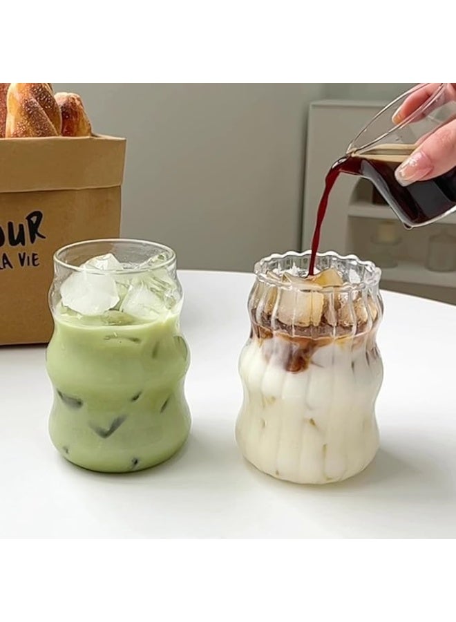 Home Care 2 Pcs Ripple Glass Cups 18 Oz Clear Ribbed Cocktail Glasses Creative Wave Shape Glasses Vintage Drinking Glassware for Iced Coffee Juice Beverage Milk - Image 1