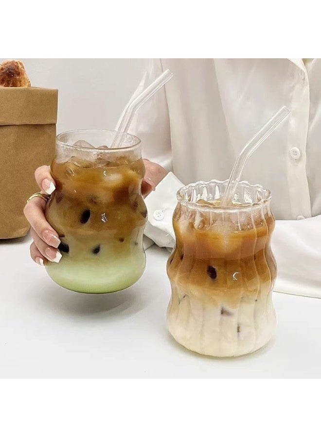 Home Care 2 Pcs Ripple Glass Cups 18 Oz Clear Ribbed Cocktail Glasses Creative Wave Shape Glasses Vintage Drinking Glassware for Iced Coffee Juice Beverage Milk - Image 2