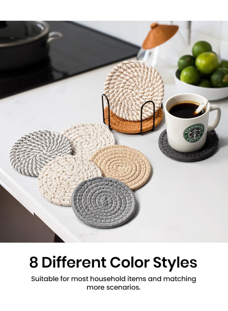 هوم كير 8 قطع من حوامل الأكواب مع حامل، 8 ألوان حوامل ماصة للمشروبات، مجموعة حوامل أكواب قطنية، حوامل منسوجة لطاولة القهوة، ديكور منزلي، هدية تدفئة منزلية، 4.3 بوصة - Image 4