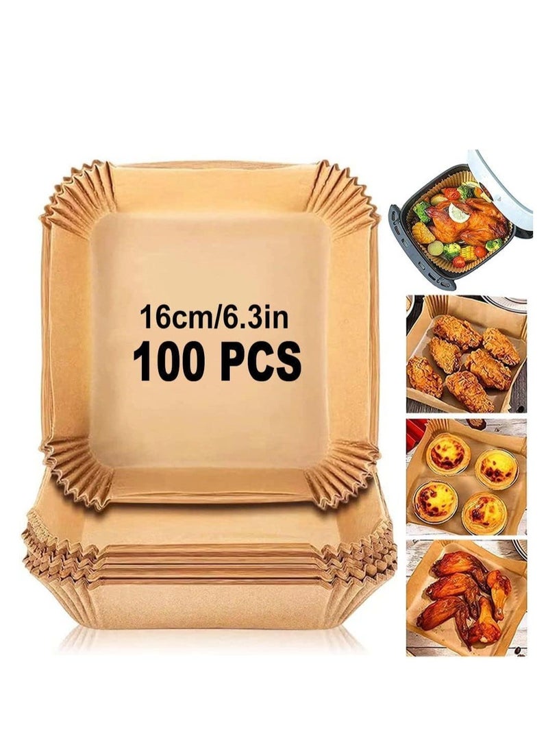 Home Care 100 Pieces Air Fryer Disposable Paper Liners,Non Stick & Oil Proof Parchment Paper for Microwave and Gas Ovens,Square Food Grade Water-proof Baking Paper for Air Fryer,16cm/6.3inch,Brown - Image 1