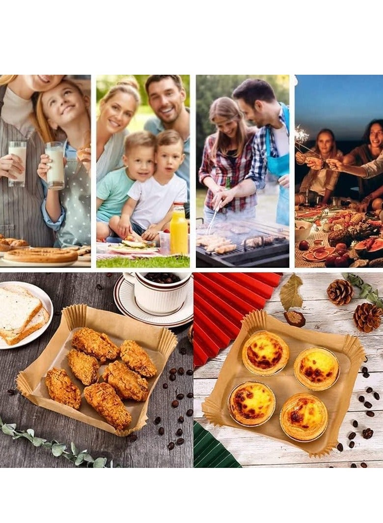 Home Care 100 Pieces Air Fryer Disposable Paper Liners,Non Stick & Oil Proof Parchment Paper for Microwave and Gas Ovens,Square Food Grade Water-proof Baking Paper for Air Fryer,16cm/6.3inch,Brown - Image 2