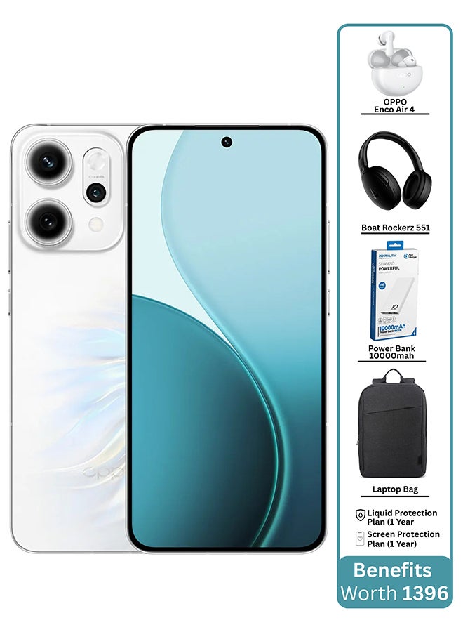 OPPO Reno14 Pro AI Phone Dual SIM 5G White 12GB RAM 512GB OPPO Enco Air4 + Oppo Enco Air 4 Buds + Boat Rockerz 551 ANC Headphone + Zentality PowerBank 10k mAh + Lenovo Bag And 12 Month (Liquid + Screen Protection) Warranty - Middle East Version - Image 1