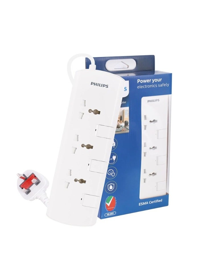 Philips Power Extension Strip with Individual Switches, 3 Socket Outlets, 2 Meter Heavy-Duty Cable, Child Safety Shutters, Fire-Resistant Material ESMA Certified White 2meter - Image 1