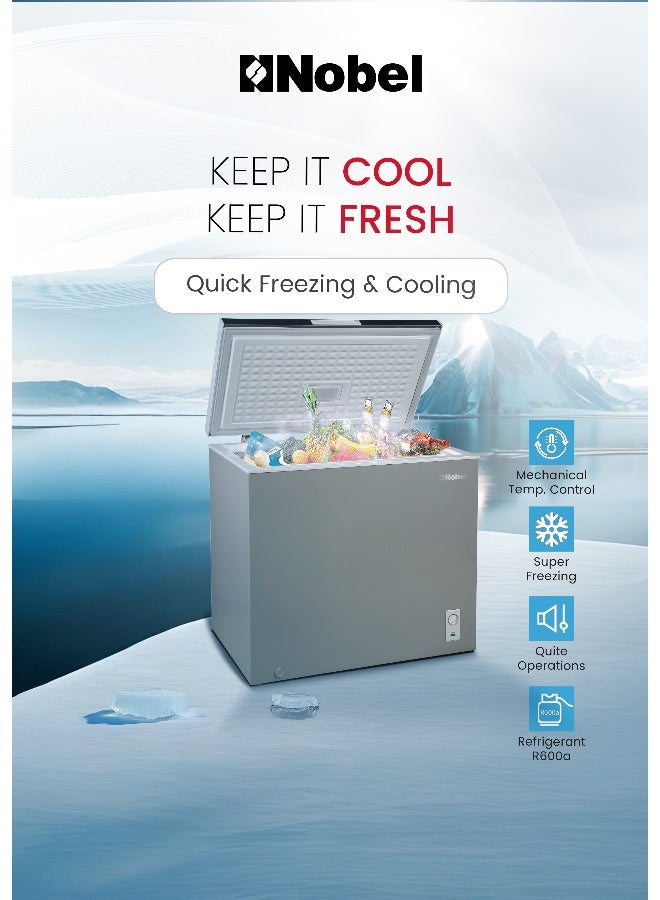 Nobel 250L Gross / 202L Net Chest Freezer, Single Door, Adjustable Thermostat, Wire Basket, R600a Refrigerant, Aluminum Liner, Outside Condenser – Energy Efficient, 90W – NCF250 (1 Year Warranty) 250 L 90 W NCF250 grey - Image 4