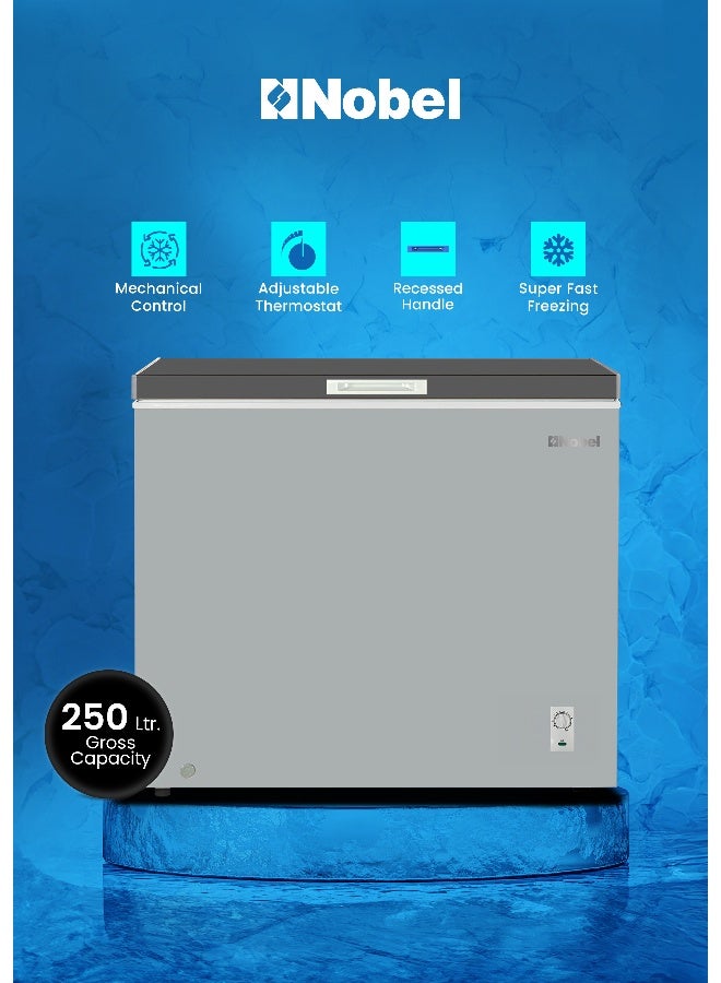 Nobel 250L Gross / 202L Net Chest Freezer, Single Door, Adjustable Thermostat, Wire Basket, R600a Refrigerant, Aluminum Liner, Outside Condenser – Energy Efficient, 90W – NCF250 (1 Year Warranty) 250 L 90 W NCF250 grey - Image 1