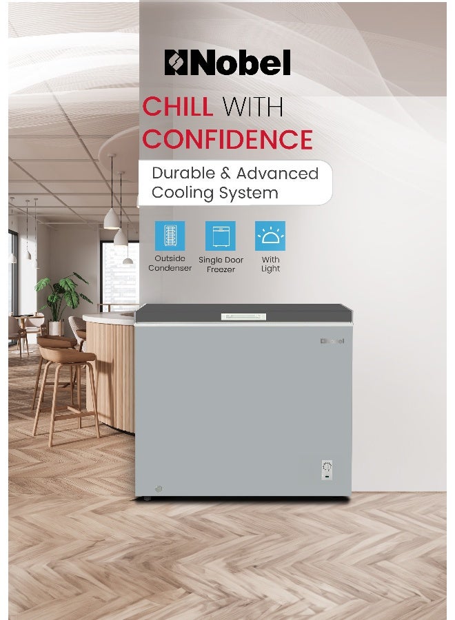 Nobel 250L Gross / 202L Net Chest Freezer, Single Door, Adjustable Thermostat, Wire Basket, R600a Refrigerant, Aluminum Liner, Outside Condenser – Energy Efficient, 90W – NCF250 (1 Year Warranty) 250 L 90 W NCF250 grey - Image 2