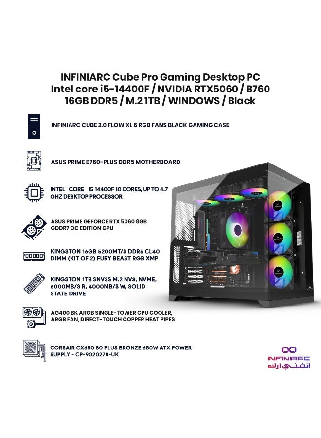 INFINIARC Cube Pro Gaming PC With Intel Core i5-14400F Processor/16GB DDR5 RAM/1TB SSD/8GB Nvidia GeForce RTX 5060 Graphics/Windows 11 Pro/ Black - Image 3