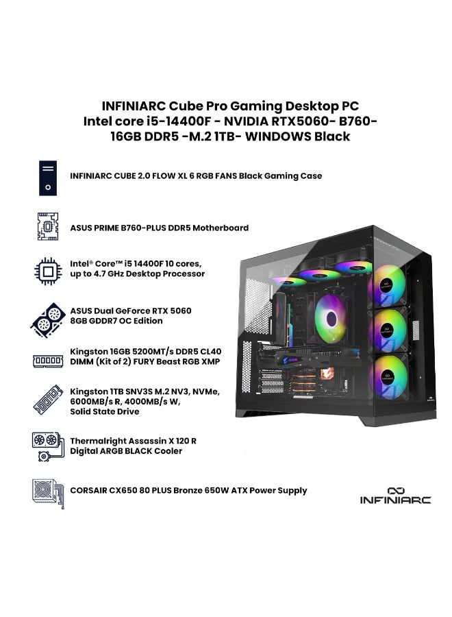 INFINIARC Cube Pro Gaming Desktop PC (Intel core i5-14400F - NVIDIA RTX5060- B760- 16GB DDR5 -M.2 1TB- WINDOWS) Black - Image 3
