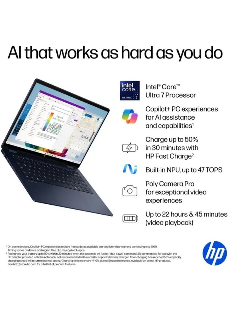 HP (Upgraded Version) OmniBook X Flip 2-in-1 Laptop,14" 2K Touch-Screen Laptop Computer,Intel Core Ultra 7, Arc 140V GPU Copilot+ PC,16GB RAM 2TB SSD,Thunderbolt 4,with Lifetime Office,Win 11 Home English/Arabic blue English/Arabic blue - Image 4