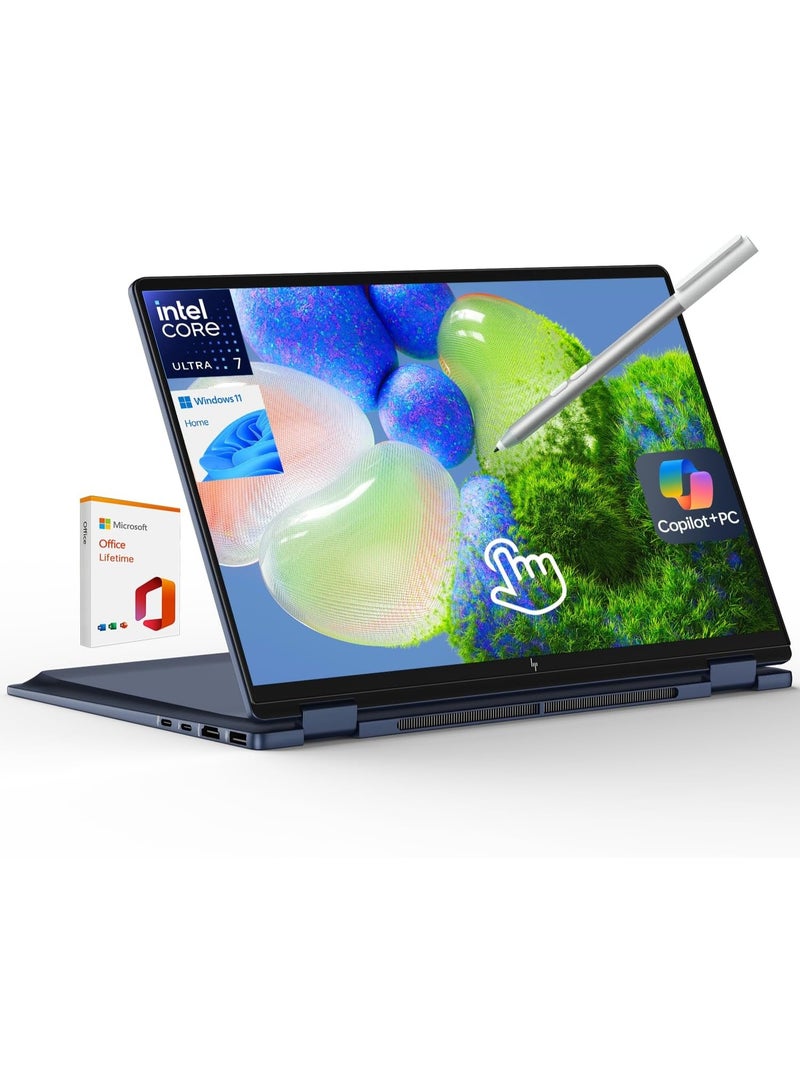 HP (Upgraded Version) OmniBook X Flip 2-in-1 Laptop,14" 2K Touch-Screen Laptop Computer,Intel Core Ultra 7, Arc 140V GPU Copilot+ PC,16GB RAM 4TB SSD,Thunderbolt 4,with Lifetime Office,Win 11 Home English/Arabic blue English/Arabic blue - Image 1