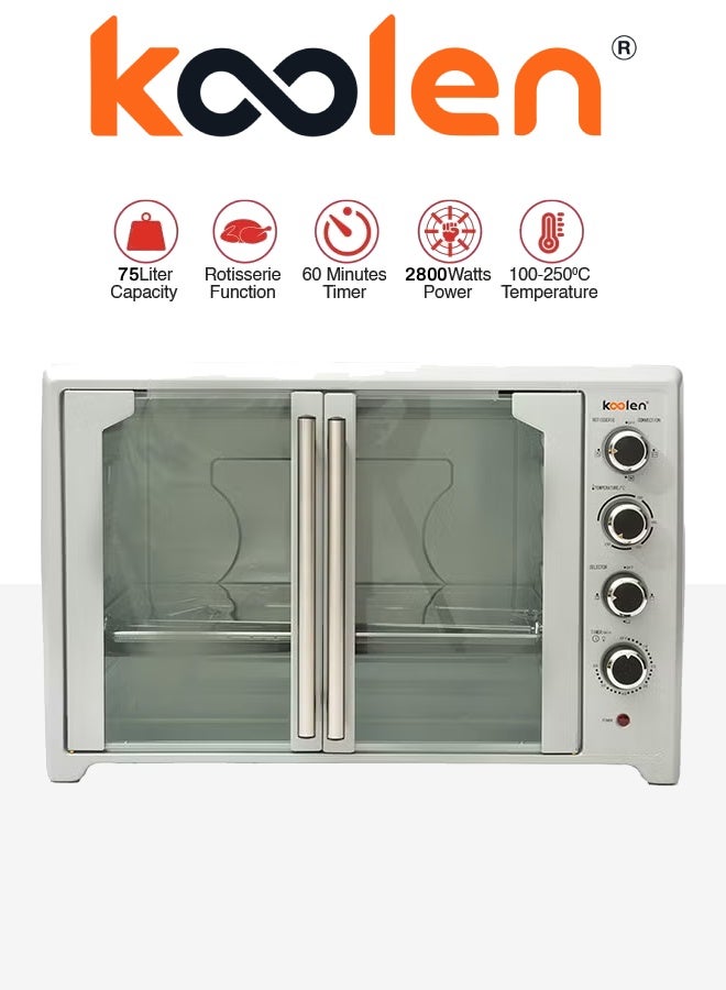 KOOLEN Electric Oven Frensh Door With Rotisserie Functions & Easy to Use Control Knobs, 6 Stages Heating Selector, 100-250 Degree Celsius Adjustable Temperature/Perfect For Roasting/Cooking Meat, Vegetables, Lamb 75 L 2800 W 802104010 Silver - Image 1