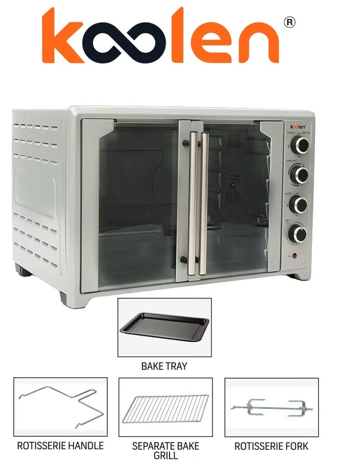 KOOLEN Electric Oven Frensh Door With Rotisserie Functions & Easy to Use Control Knobs, 6 Stages Heating Selector, 100-250 Degree Celsius Adjustable Temperature/Perfect For Roasting/Cooking Meat, Vegetables, Lamb 75 L 2800 W 802104010 Silver - Image 3