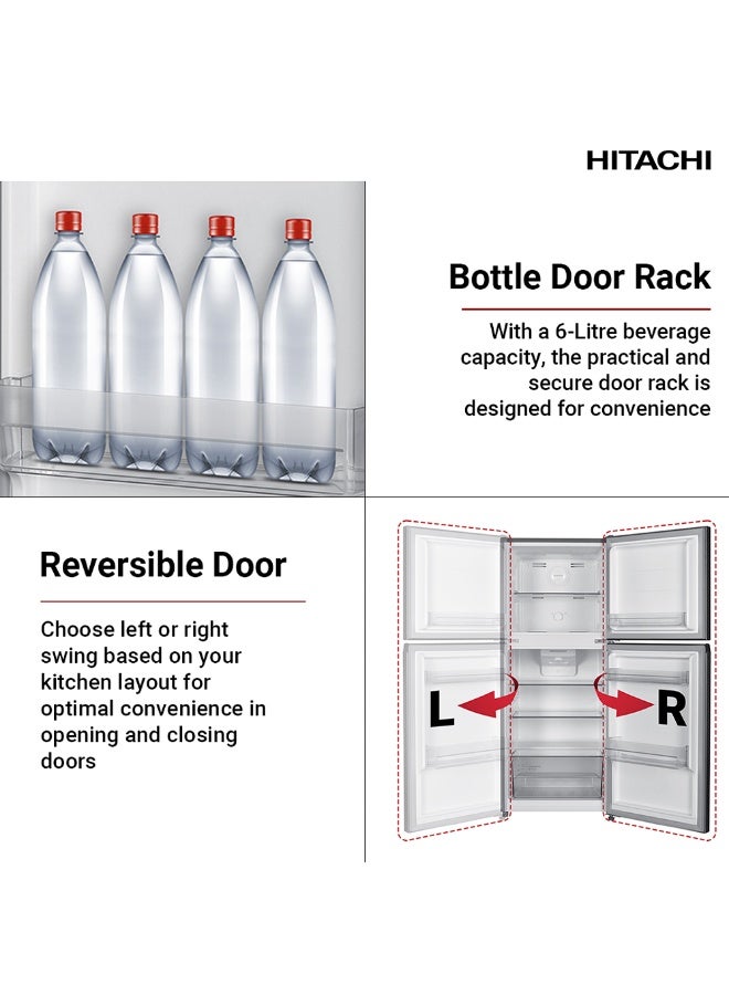 هيتاشي ثلاجة هيتاشي ذات البابين 198 لتر إجمالي / 181 لتر صافي، فريزر علوي، ضاغط عاكس، تجميد سريع، باب قابل للعكس، إضاءة LED، إنوكس - HRTN5198MXAE - Image 4