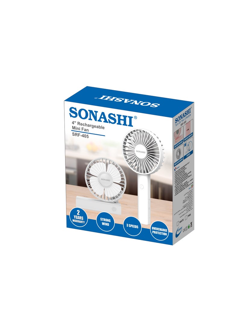 SONASHI 4 Inch Rechargeable Fan with 3 Speed Settings | 9V Brushless Motor with 3670 RPM Strong Wind | Type-C Charging with Indicator | Over-Charge & Over-Discharge Protection | 1200mAh Lithium Battery | 3–5 Hours Working Time | SRF-405 White SRF-405 white - Image 4