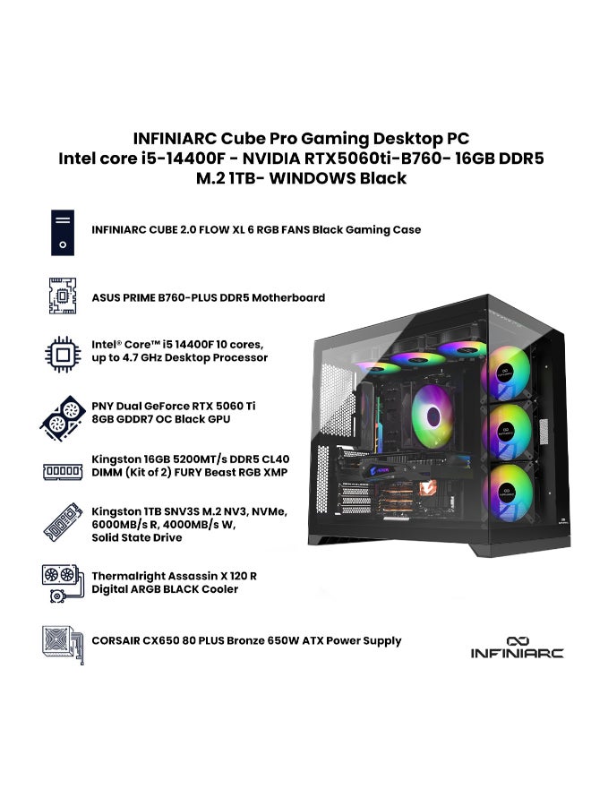 INFINIARC Cube Pro Gaming Desktop PC (Intel core i5-14400F - NVIDIA RTX5060ti- B760- 16GB DDR5 -M.2 1TB- WINDOWS) Black - Image 3