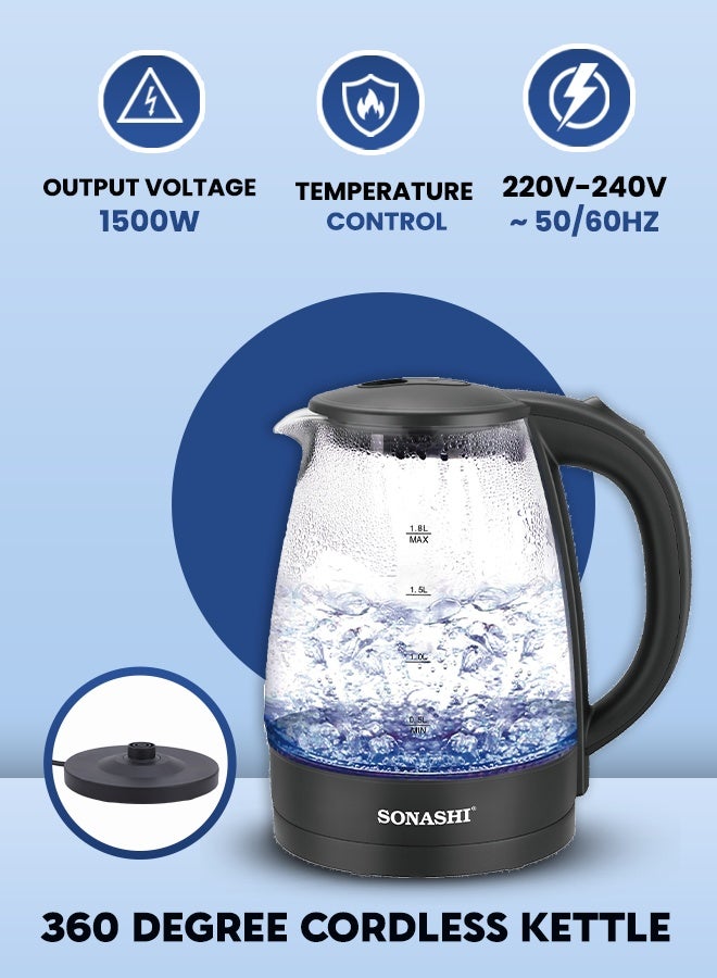 SONASHI 1.8L Cordless Glass Electric Kettle with Auto Shut-Off & Boil-Dry Protection | Borosilicate Glass Body with Concealed Heating Element | 1500W Fast Boil | Power On/Off Indicator | Instant Water Heater & Tea Maker | Sonashi SKT-1825 1.8 L 1500 W SKT-1825 black - Image 5