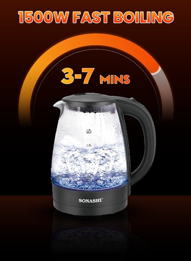 SONASHI 1.8L Cordless Glass Electric Kettle with Auto Shut-Off & Boil-Dry Protection | Borosilicate Glass Body with Concealed Heating Element | 1500W Fast Boil | Power On/Off Indicator | Instant Water Heater & Tea Maker | Sonashi SKT-1825 1.8 L 1500 W SKT-1825 black - Image 2