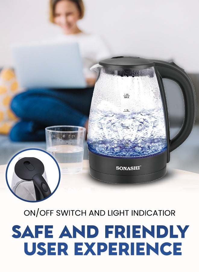 SONASHI 1.8L Cordless Glass Electric Kettle with Auto Shut-Off & Boil-Dry Protection | Borosilicate Glass Body with Concealed Heating Element | 1500W Fast Boil | Power On/Off Indicator | Instant Water Heater & Tea Maker | Sonashi SKT-1825 1.8 L 1500 W SKT-1825 black - Image 4