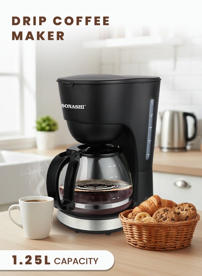 سوناشي صانعة قهوة بالتنقيط سعة 1.25 لتر - مع إبريق زجاجي | 600 واط | تحضير حتى 15 كوب | فلتر دائم مع وظيفة مضادة للتنقيط | مفتاح تشغيل/إيقاف مع مؤشر ضوئي | قمع قابل للإزالة لسهولة التنظيف | مع حماية من السخونة الزائدة | SCM-4920N أسود - Image 1