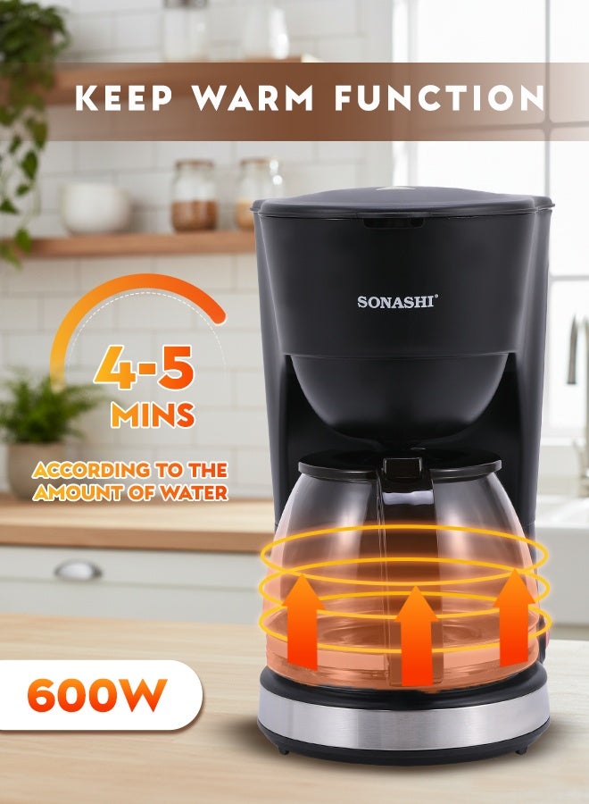 سوناشي صانعة قهوة بالتنقيط سعة 1.25 لتر - مع إبريق زجاجي | 600 واط | تحضير حتى 15 كوب | فلتر دائم مع وظيفة مضادة للتنقيط | مفتاح تشغيل/إيقاف مع مؤشر ضوئي | قمع قابل للإزالة لسهولة التنظيف | مع حماية من السخونة الزائدة | SCM-4920N أسود - Image 4