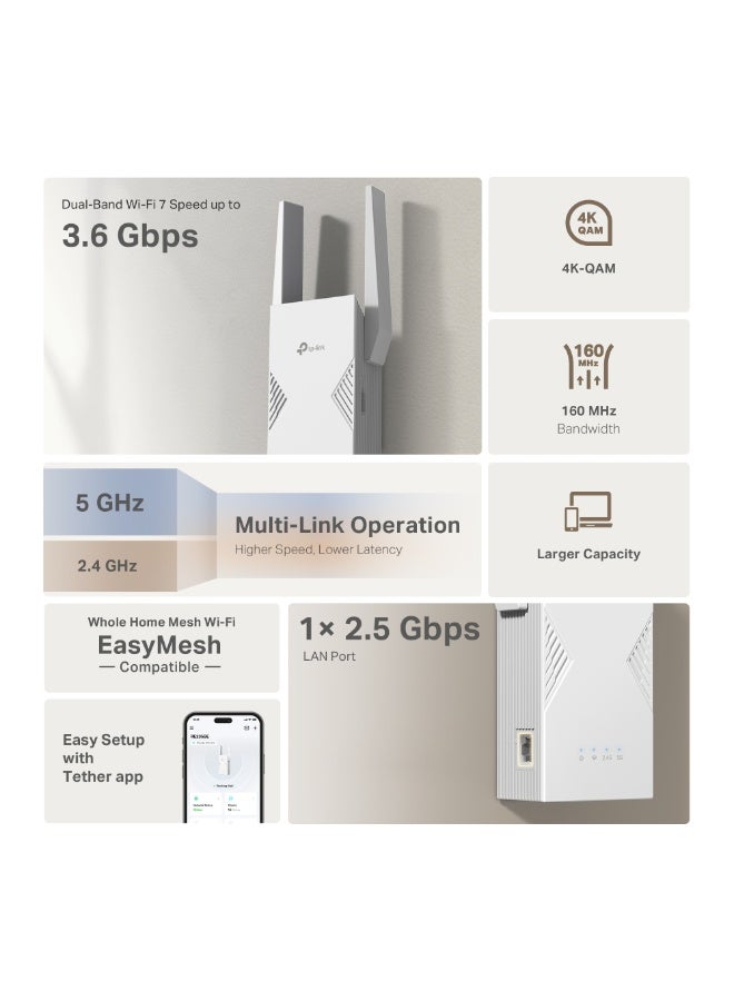 TP-LINK RE235BE Wi-Fi 7 Range Extender, High-Speed Dual-Band BE3600 Signal Booster with Easy Setup & OneMesh Support, Smart Roaming & High-Speed Coverage, White white - Image 2