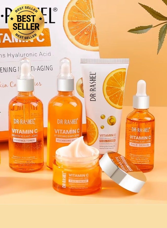 دكتور راشيل مجموعة العناية بالبشرة بفيتامين C وحمض الهيالورونيك 5 قطع لتفتيح البشرة ومكافحة الشيخوخة مع غسول الوجه، سيروم، كريم، تونر وحليب تنظيف - Image 1