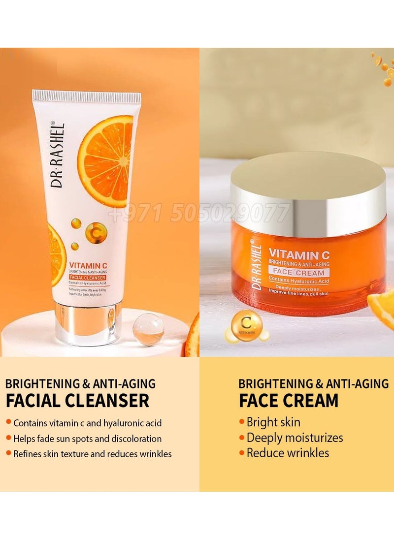 دكتور راشيل مجموعة العناية بالبشرة بفيتامين C وحمض الهيالورونيك 5 قطع لتفتيح البشرة ومكافحة الشيخوخة مع غسول الوجه، سيروم، كريم، تونر وحليب تنظيف - Image 4