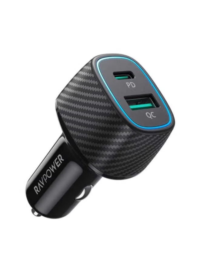 RAVPOWER 60W Dual Port USB Car Charger With PD36W LED Ambient Light VC009 - Black - Image 1