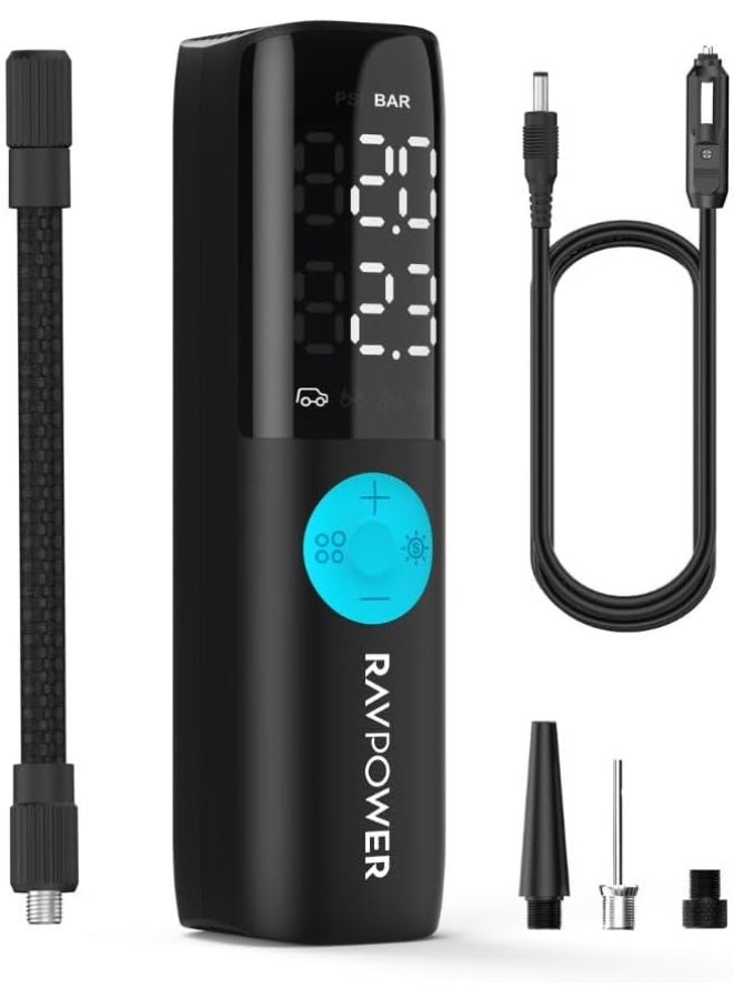 RAVPOWER Mini Smart Air Compressor, 60W Portable Tire Inflator with 25L/Min Inflation Speed, Auto Shut Off, LED Flashlight, Digital Display – For Car, Motorcycle, Bicycle, and Sports Equipment - Black - Image 1