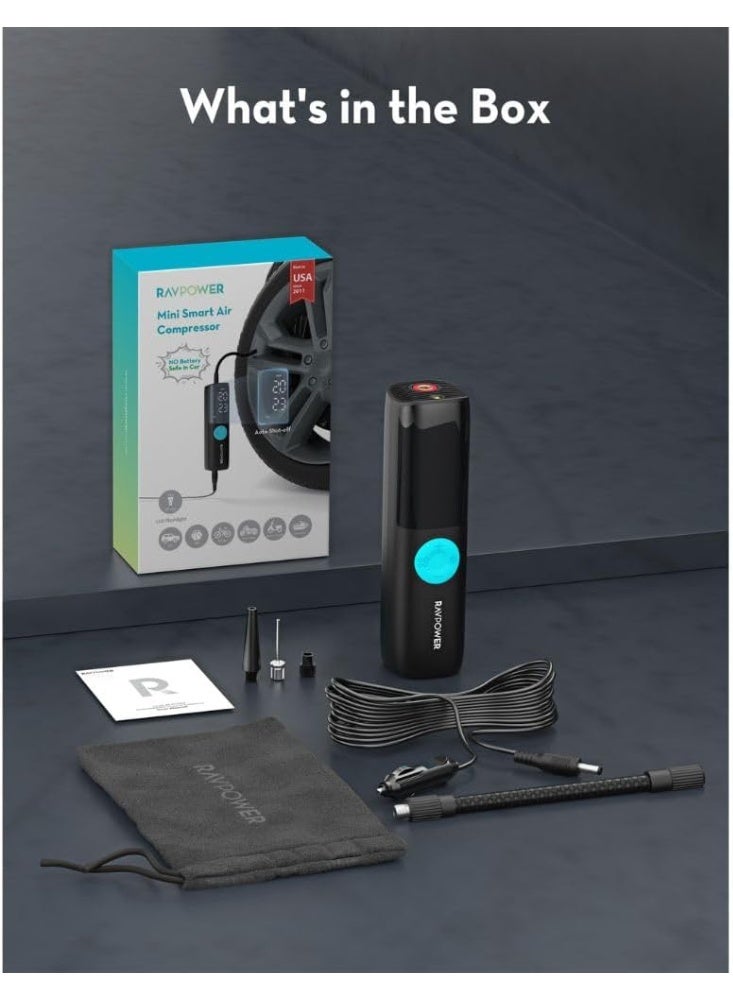 RAVPOWER Mini Smart Air Compressor, 60W Portable Tire Inflator with 25L/Min Inflation Speed, Auto Shut Off, LED Flashlight, Digital Display – For Car, Motorcycle, Bicycle, and Sports Equipment - Black - Image 5