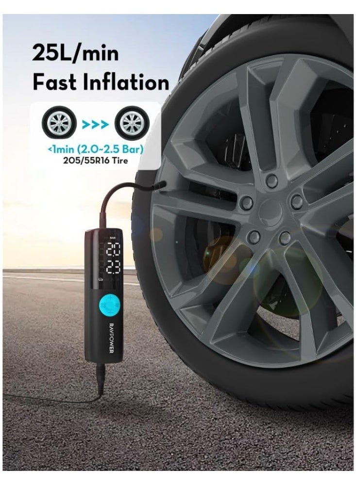 RAVPOWER Mini Smart Air Compressor, 60W Portable Tire Inflator with 25L/Min Inflation Speed, Auto Shut Off, LED Flashlight, Digital Display – For Car, Motorcycle, Bicycle, and Sports Equipment - Black - Image 3