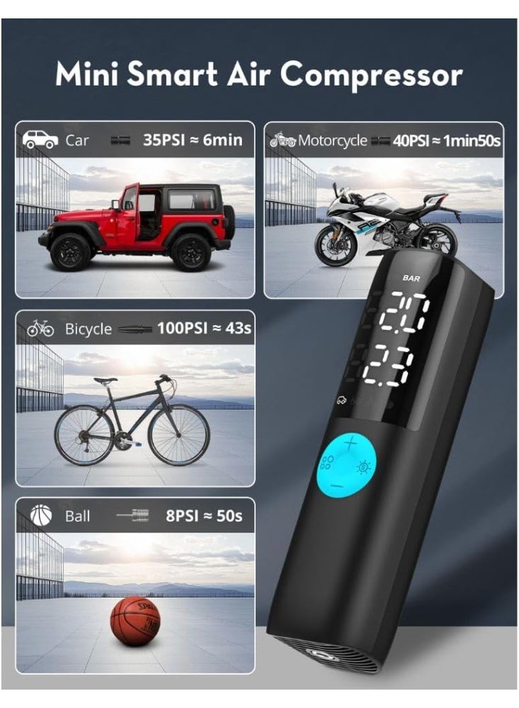 RAVPOWER Mini Smart Air Compressor, 60W Portable Tire Inflator with 25L/Min Inflation Speed, Auto Shut Off, LED Flashlight, Digital Display – For Car, Motorcycle, Bicycle, and Sports Equipment - Black - Image 2