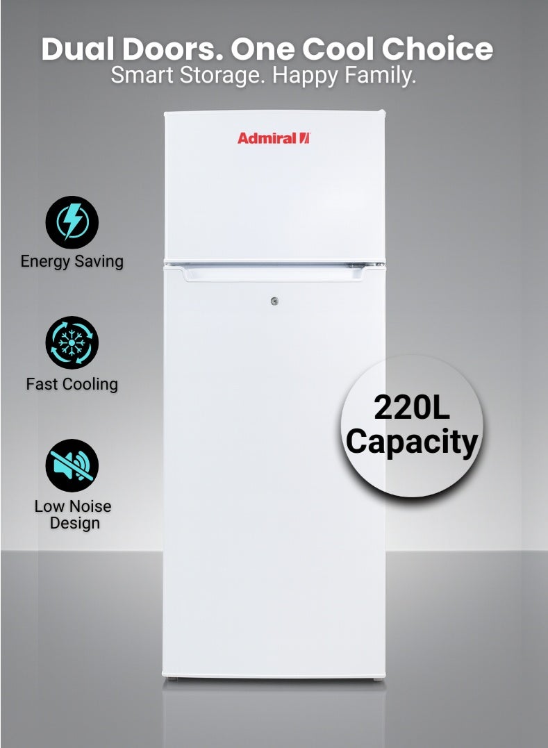 أدميرال 220 L Gross / 169 L Net, Double Door Refrigerator, Defrost, R600a Refrigerant, Temperature Control, Inside Light, Inside Condenser, Vegetable Crisper, Bottle Racks, Removable Gasket, Adjustable Foot ADTM22RSP ADTM22RSP white - Image 1