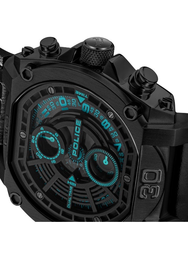 بوليس ساعة نورود متعددة الوظائف بقرص أسود وحزام جلد أسود - 45 مم - Image 3