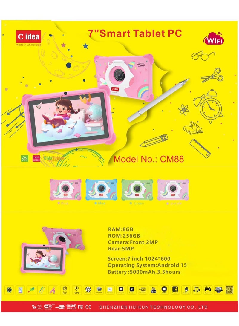 سي آيديا CM88 جهاز لوحي ذكي للأطفال مع حواف مضادة للصدمات مزود بقاعدة مدمجة شاشة 7 بوصة 8 جيجابايت رام + 256 جيجابايت روم أندرويد بلوتوث ألعاب تعليمية للأطفال هدايا مفاجئة - وردي - Image 5