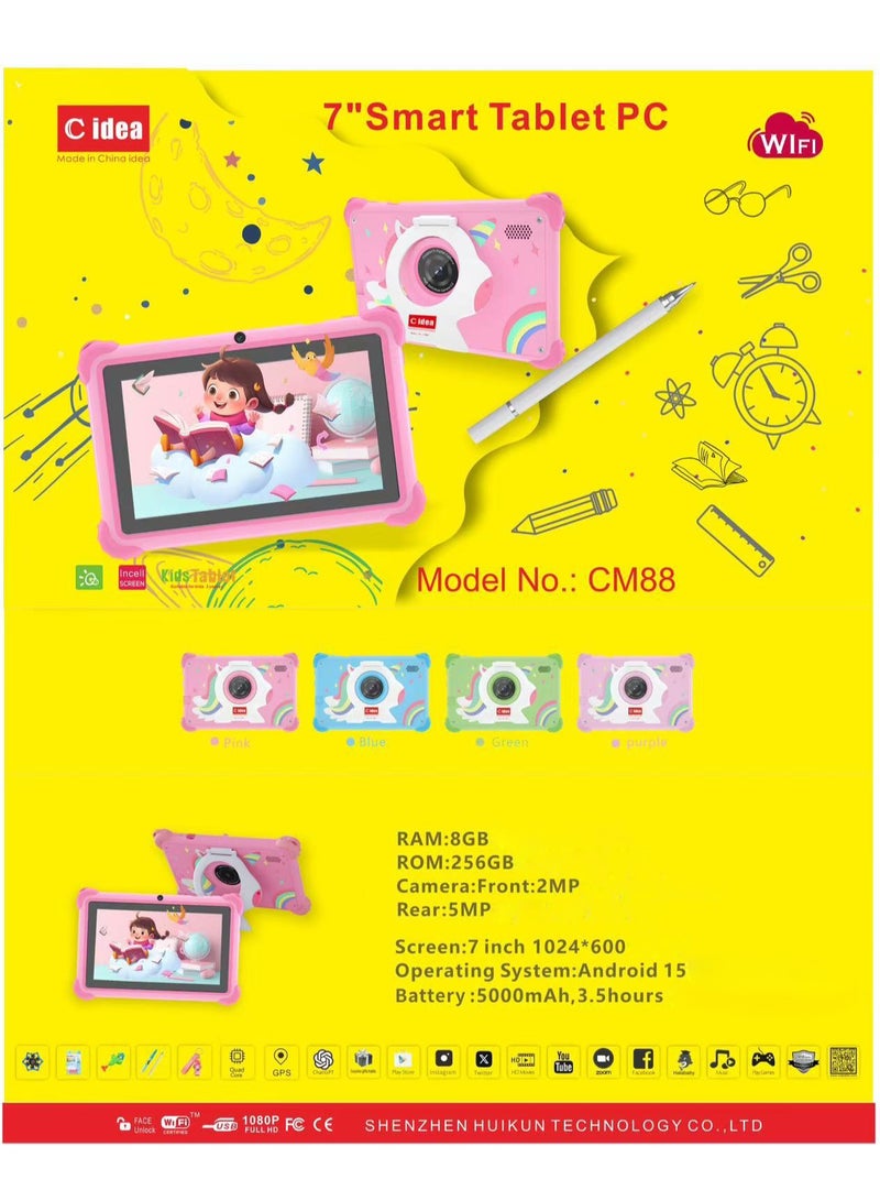 C idea CM88 WiFi Kids Smart Tablet Shockproof Edges With Built-in Stand 7-inch Display 8GB RAM + 256GB ROM Android Bluetooth Educational Kids Learning Games For Children Surprise Gifts-Green - Image 5