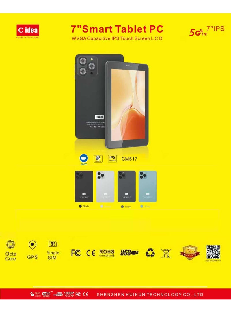 C idea CM517 Smart Tablet PC with Stylus 7-Inch IPS Touch Screen 8GB RAM 256GB ROM Android Wi-Fi GPS Bluetooth Dual Camera Single SIM 5G LTE Kids Learning Tab - Black - Image 4
