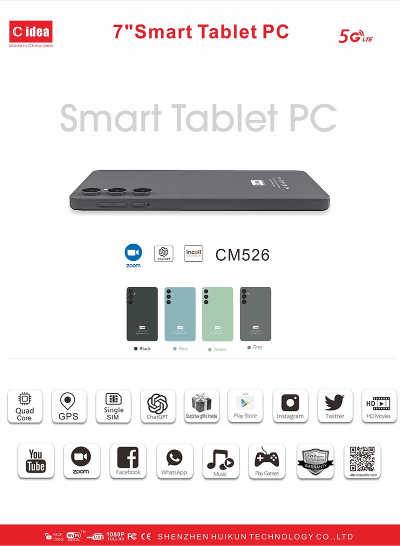 C idea CM526 7-Inch Smart Tablet PC with Stylus 8GB RAM 256GB ROM Dual Camera Single SIM 5G LTE Wi-Fi GPS Android Tablet for Kids– Black - Image 4
