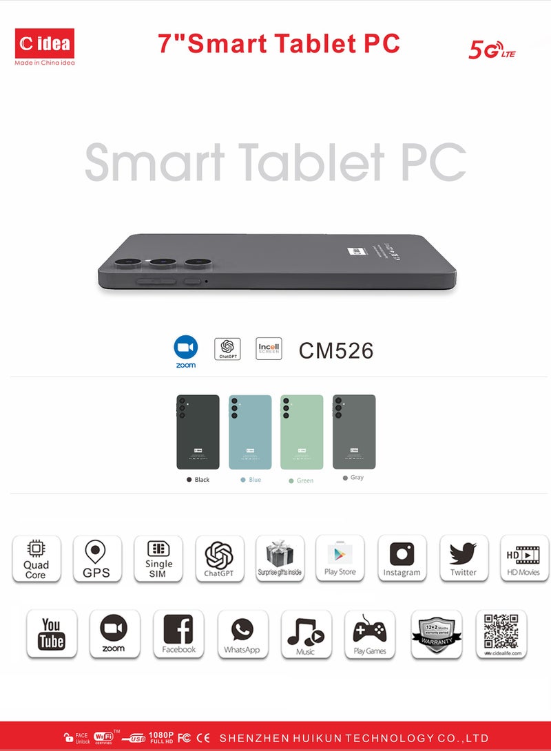 C idea CM526 7-Inch Smart Tablet PC with Stylus 8GB RAM 256GB ROM Dual Camera Single SIM 5G LTE Wi-Fi GPS Android Tablet for Kids– Blue - Image 4