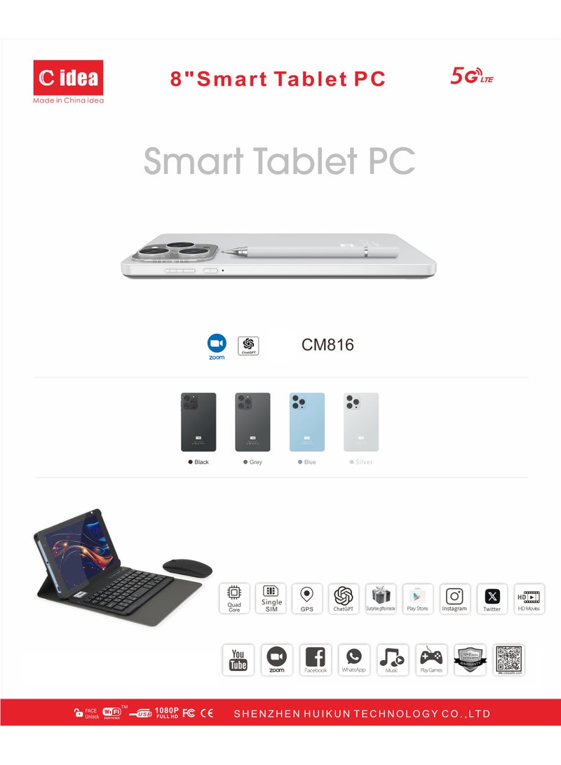 C idea CM816 8-Inch IPS Smart Tablet PC with Keyboard & Mouse 8GB RAM 512GB ROM Dual Camera Single SIM 5G LTE Wi-Fi GPS Android Tablet For Students – Blue - Image 4