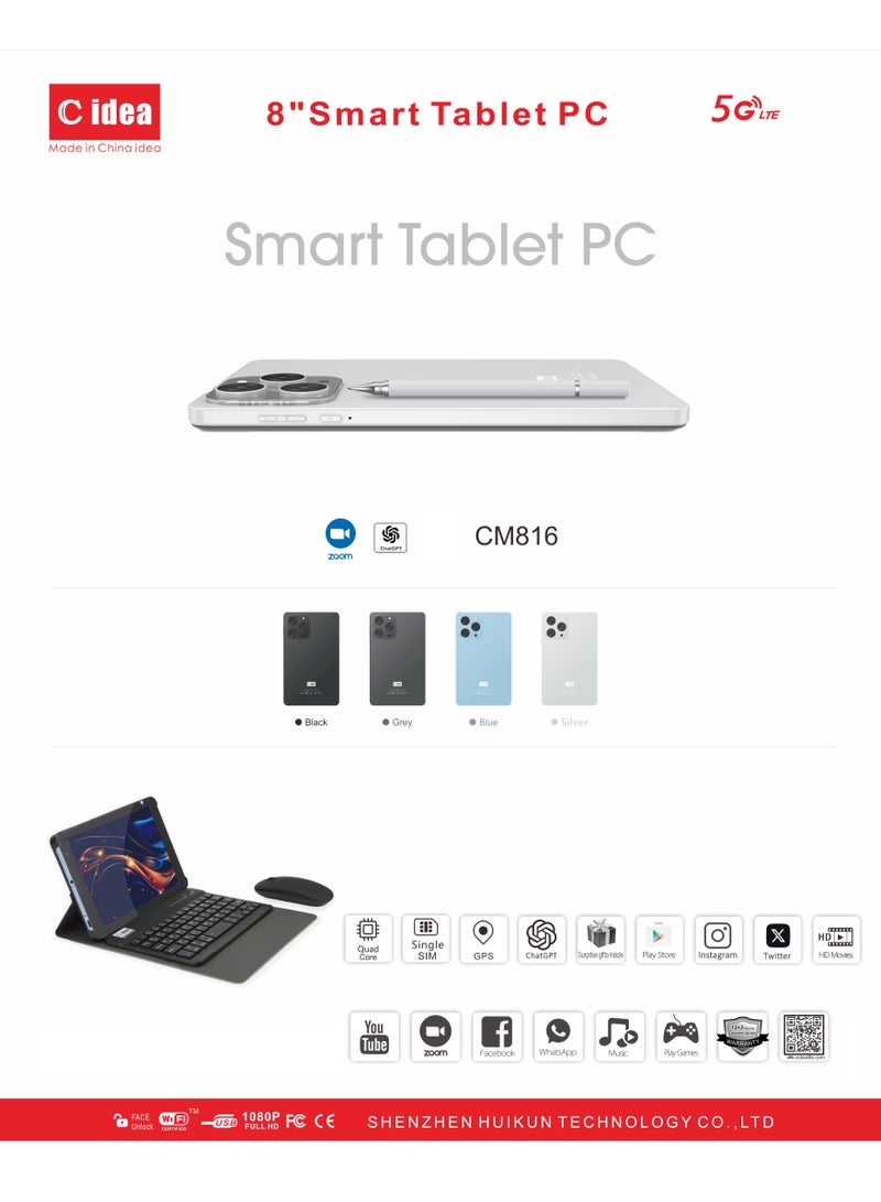 C idea CM816 8-Inch IPS Smart Tablet PC with Keyboard & Mouse 8GB RAM 512GB ROM Dual Camera Single SIM 5G LTE Wi-Fi GPS Android Tablet For Students – Black - Image 4