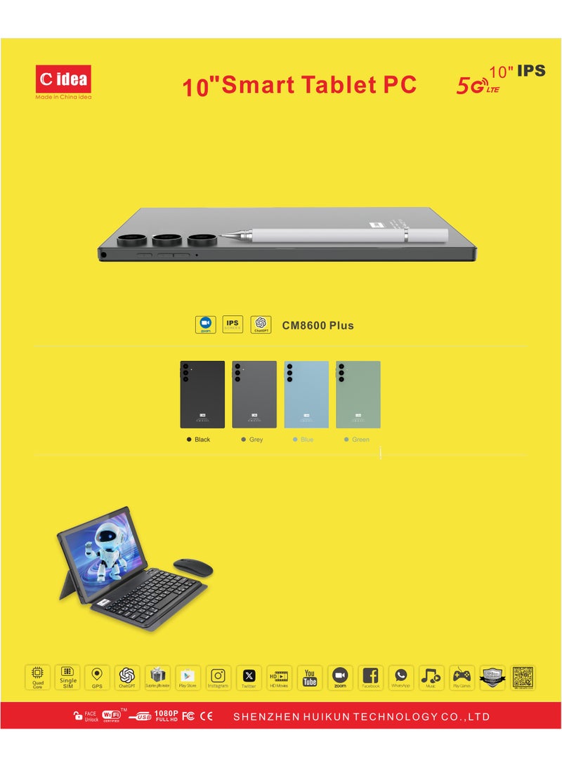 C idea CM8600 Plus 10-Inch IPS Smart Tablet PC with Stylus Keyboard & Mouse 8GB RAM 1TB ROM Dual Camera Single SIM 5G LTE Wi-Fi GPS Android 15 Tablet For Boys and Girls – Black - Image 4
