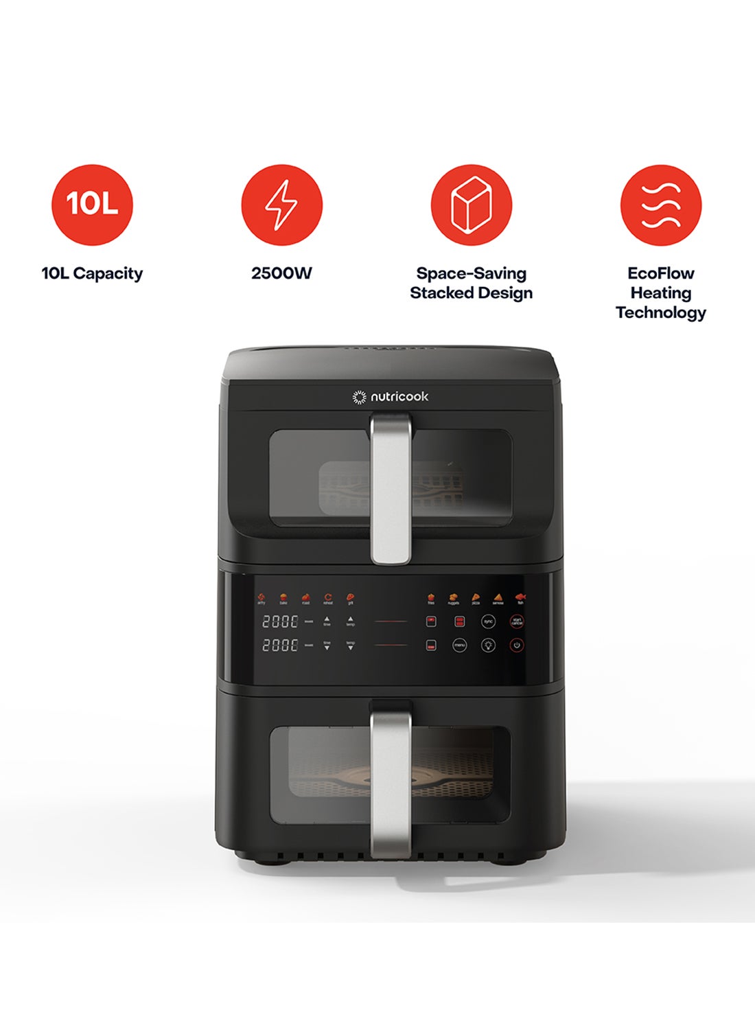 DuoStack Air Fryer – 2 Stacked Baskets, 10 Cooking Programs, EcoFlow Heating Technology, Sync Finish And Dual Cook, See-Through Window, Space-Saving Design, 2-Year Warranty 10 L 2500 W NC-AFDS240 Black