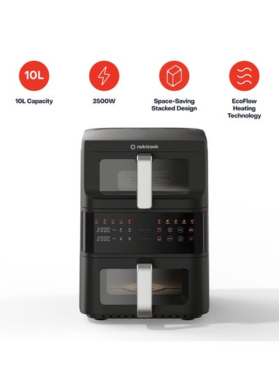 nutricook DuoStack Air Fryer – 2 Stacked Baskets, 10 Cooking Programs, EcoFlow Heating Technology, Sync Finish And Dual Cook, See