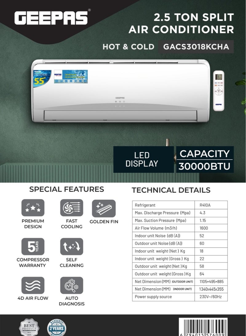 GEEPAS 2.5 Ton Split AC, Hot & Cold Rotary Compressor, Golden Fin, Strong Airflow, LED Display, Auto Diagnosis, Durable Cooling GACS3018KCHA White