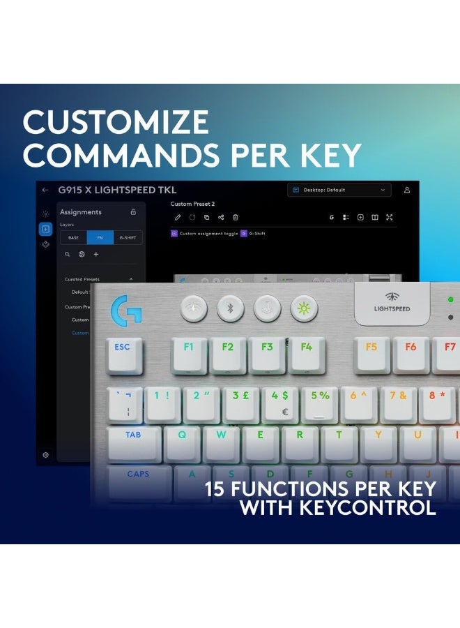 Logitech G915 X LIGHTSPEED TKL Low-Profile Wireless Gaming Keyboard, Double-Shot PBT Keycaps, Fully Programmable Keys, RGB Backlighting, Sleek Aluminum Finishing, GL Brown Tactile, PC/Mac - White - Image 4