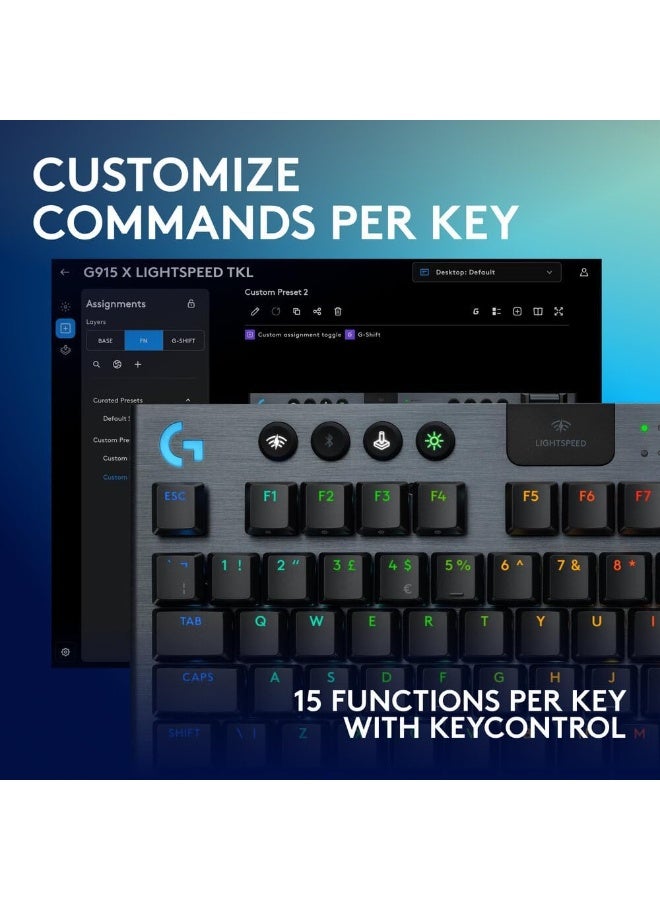 Logitech G915 X LIGHTSPEED TKL Low-Profile Wireless Gaming Keyboard, Double-Shot PBT Keycaps, Fully Programmable Keys, RGB Backlighting, Sleek Aluminum Finishing, GL Brown Tactile, PC/Mac - Black - Image 4