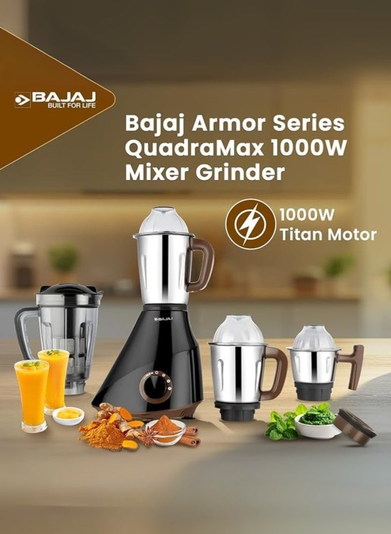 Bajaj Armor Series Quadramax Mixer Grinder, 4 Heavy-Duty Stainless Steel Jars, Hardened Blades, Overload Protection – 1000 W 410635 BLACK - Image 1
